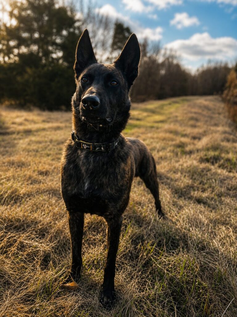 Dutch Shepherd standing at attention in a field wearing a working dog collar