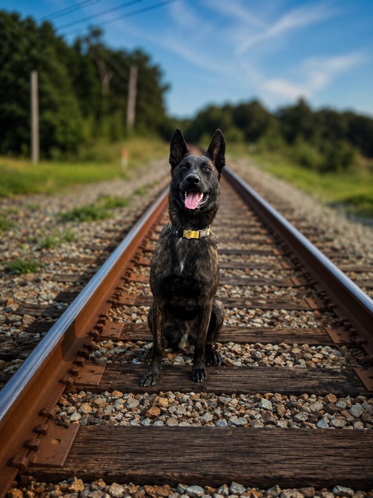 Dutch Shepherd working dog sitting alert on railroad tracks
